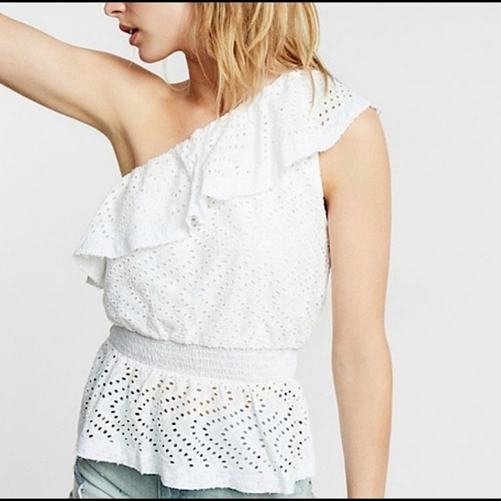 Express White Eyelet One Shoulder Blouse Top